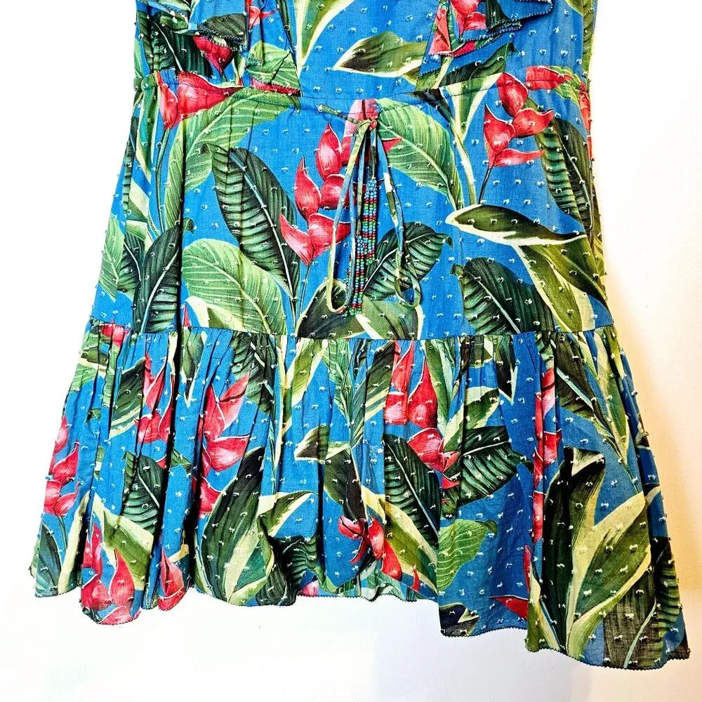 Farm Rio Dream Garden Floral Mini Lined Dress Swiss Dot Beaded Tassles, Sz XS - Picture 5 of 12
